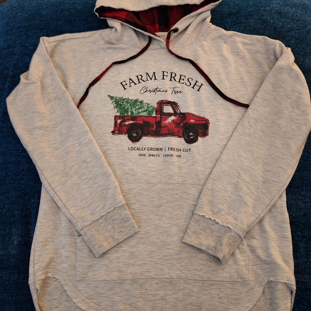 Maurices Light Gray Hoodie with Red Truck and Green Tree